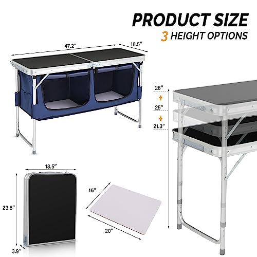 VINGLI 4 Ft Folding Table, Aluminum Camping Table, Picnic Table with Storage, Adjustable Height for Outdoor Beach BBQ Backyards Travel Party (Black ＆ Blue) - color: Black ＆ Blue