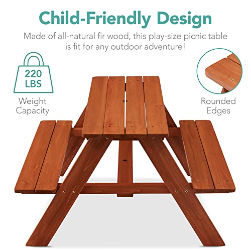 Best Choice Products Wooden Kids Picnic Table with Umbrella, Outdoor Activity Table Set with Built-in Benches, 220 lb Capacity per Bench - Golden Brown/Aqua - color: Golden Brown/Aqua