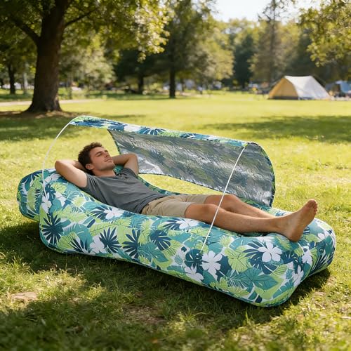 Inflatable Couch,Air Sofa with Sun-Shade Design,Built-in Storage,Ripstop Polyester&Stability Pegs,Portable Air Lounger for Beach,Camping,Easy to Carry,2 Inflation Ways(Included Pump)Leaf Green - color: Leaf Green
