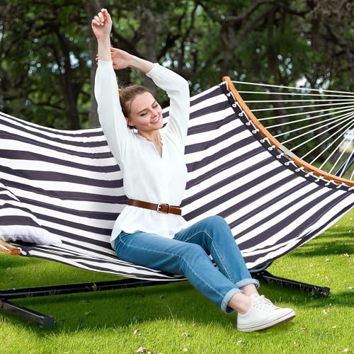 SUNCREAT Hammocks Extra Large Hammock with Stand Included, Double Hammock with Curved Spreader Bar, Black Stripes - color: Black Stripes