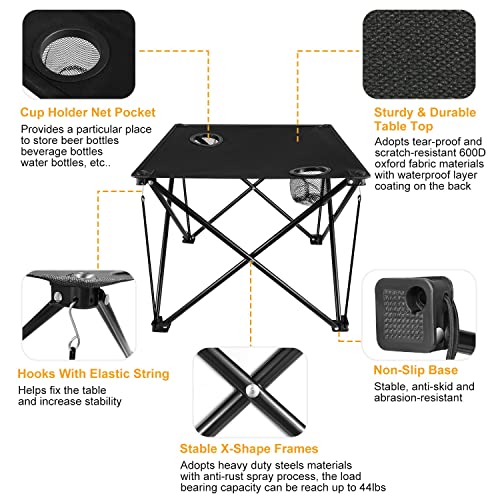 Folding Camping Side Table,Portable Camping Table W/2 Cup Holders&Carrying Bag,600D Waterproof Oxford Fabric,Outdoor Folable Beach Table for Outside,Camping, Picnic,Beach, Fishing and Hiking - US Spot