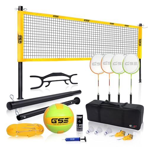 GSE Games & Sports Expert Outdoor Yard Sports Net Game Set for Backyards, Parks, Beach, Lawn. Volleyball Set, Badminton Set OR Volleyball & Badminton Combo Set Available - style: Pro Volleyball&Badminton Combo