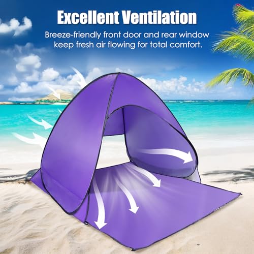 Pop Up Beach Tent, Sun Shelter for 2-3 Person, Sun Shelter with UPF 50+ & Lightweight, Portable Beach Tent Easy Pop Up for Outdoor Camping Fishing - style: Purple
