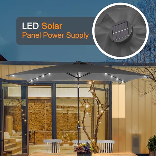 Rectangle Patio Umbrella with Solar Lights, 10 x 6.5ft Rectangular Outdoor Umbrella Table Market Patio Umbrella with Push Button Tilt and Crank for Garden, Deck, Backyard, Pool - color: Anthracite