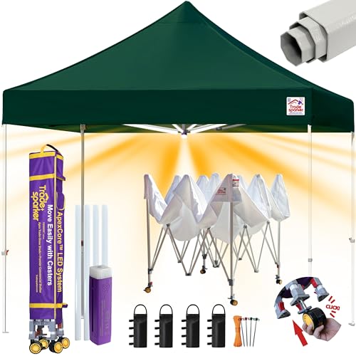 Tradesparker 10x10 Pop Up Canopy Tent,Commercial Movable Canopy with ApexCore LED&Rugged Casters-Instant Easy Setup Shelter Canopies with Weight Bags&Stakes for Outdoor Events Markets,Forest Green - color: Forest Green, size: 10x10