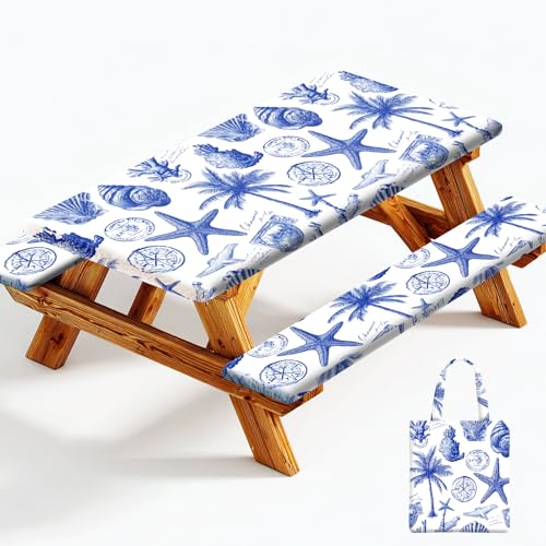 Picnic Table Cover with Bench Covers Elastic Edges, Outdoor Patio Camping Essentials 72 Inch 3PCS, Waterproof Camping Fitted Tablecloth with Handbags (Vintage ocean theme) - color: Ocean Elements, White