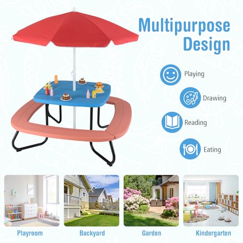 HONEY JOY Kids Picnic Table, 8 Person Toddler Outdoor Table and Chair Set, 4 Built-in Benches, Removable Umbrella, Metal Frame & HDPE Top, Children Outdoor Furniture for Backyard Patio Garden (Red) - color: Red
