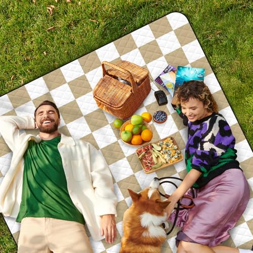 Waterproof Picnic Outdoor Blanket, 79" x 59" Sandproof Foldable Large Picnic Blanket for Beach, Camping, Park, Travel, Concert, Great Gift for Families and Couples (Beige Checkered) - color: Beige Checked
