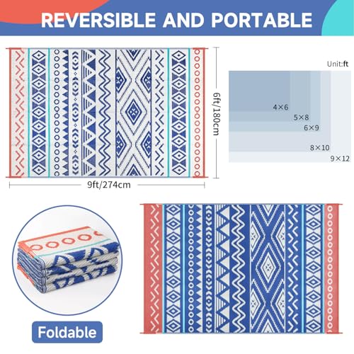 Outdoor Rugs Patio Camping Waterproof - 6x9 Plastic Straw Patio Rug Portable for Campers, Outside RVs Mat, Outdoor Area Carpet for Patios Clearance, Backyard Porch, Balcony, Picnic - color: Blue Red, size: 6' x 9' (Rectangular)
