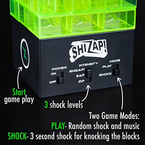 ShiZap! - Electric Shock Stacking Block Game, Plastic Tumble Tower Blocks, Shocking Tweezers, LED Base That Plays Suspenseful Music, Family Fun Party Games for Teenage Boys, Girls, Adults