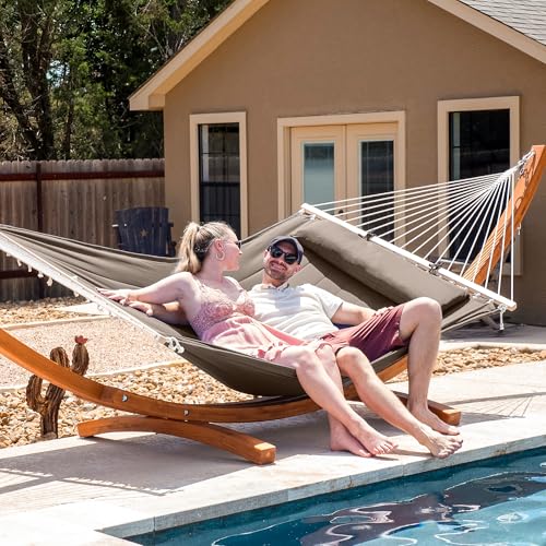 SUNCREAT 2 Person Hammocks for Outside with Stand, Extra Large Double Hammock with Wooden Stand, Brown - color: 01-brown