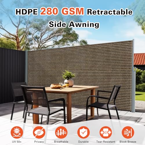 KANAGAWA 71'' x 118'' Retractable Side Awning - Folding Privacy Screen | Waterproof & UV-Resistant Outdoor Shade Divider for Patio, Garden, Balcony & Commercial Use(Mocha) - color: Mocha, size: 71'' x 118''