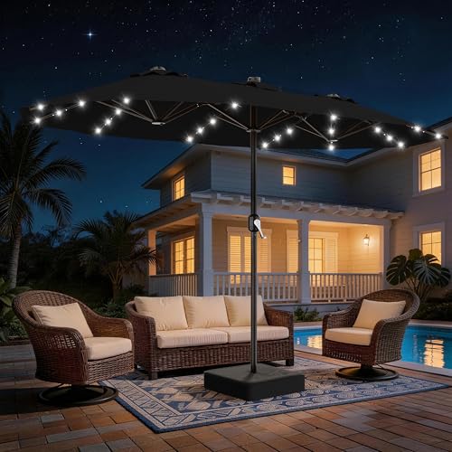 AreShark 13 FT Patio Umbrella with Solar Lights, Double-Sided Outdoor Table Umbrellas with Crank, Large Rectangular Market Umbrella for Porch, Lawn, Pool, Backyard, Black - color: Black, size: 6.5x13 Ft