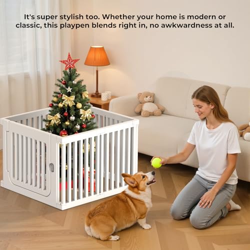 23.6" H Plastic Pet Playpen with Lockable Wide Door, 7 Panels Expandable Pet Fence with Portable Indoor/Outdoor, Easy Setup & Clean for Pets up to 22lbs or Baby (White) - color: White