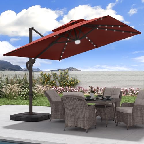 JZAC & QZYD 9x9 FT Outdoor Cantilever Patio Umbrella with Base Included and Solar LED Lights, Large Heavy Duty 2-Tier Square Aluminum Offset Umbrellas with 360-Degree Rotation for Pool Deck, Red - color: Red, size: 9'×9' - Weighted Base Included
