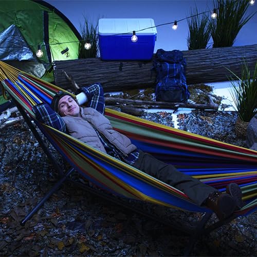 Vivere Double Cotton Hammock with Space Saving Steel Stand, Upgraded Polyester End Strings 450 lb Capacity - Premium Carry Bag Included - USA Grown Cotton (Tropical) - color: Tropical