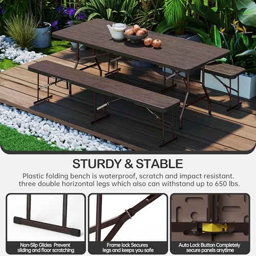 VSOAEIL 6 Foot Folding Bench, Portable Plastic Folding Bench Seat, Foldable Seat for Indoor Outdoor Picnic Camping Dining, Soccer Garden Multipurpose Entertaining Activities, Brown, 2 Pack - color: Brown, size: 2 Pack