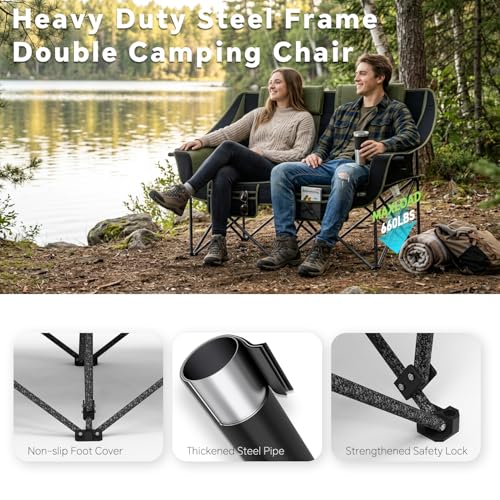 Heavy Duty Double Camping Chair with Padded Camping Loveseat – Oversized 2 Person Folding Camping Chair for Adults,Portable Camping Sofa with Cup Holders & Carry Bag for Outdoor Lawn, Beach or Patio