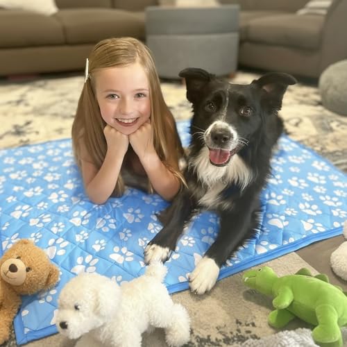 Dog Cooling Mat, 28x22in Pressure Activated Cooling Pad for Medium and Small Dogs & Cats, Durable Scratch-Resistant Pet Chill Mat for Crate, Car Travel & Indoor Use, Cold Fiber Surface, Blue