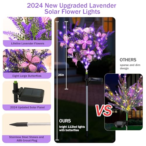 Kohlrabi Solar Garden Lights Outdoor, 2 Pack Purple Lavender Solar Butterfly Lights Gardening Gifts for Women,Artificial Flowers Light Purple Halloween Garden Decor for Patio Yard Lawn Christmas - color: Purple, size: 2 Pack