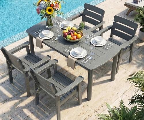 5-Piece Outdoor Dining Set, All-Weather HIPS Patio Table & Chairs for 4, Outdoor Furniture with Umbrella Hole, Ideal for Garden, Poolside, Backyard, Deck, Dark Gray - color: Dark Gray, size: 5 Pcs (1t+4c)