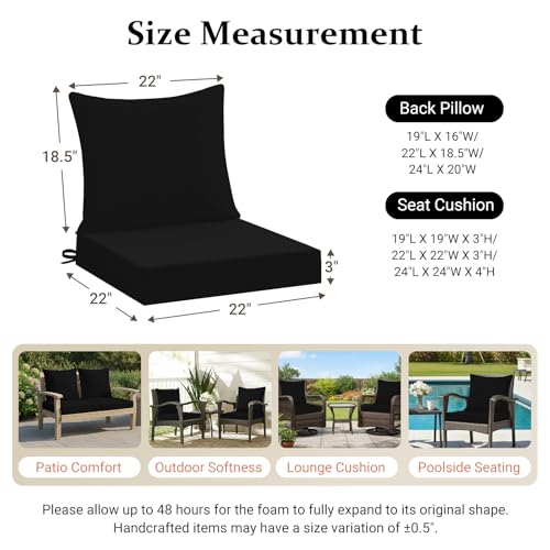 downluxe 22x22 Outdoor Chair Cushions, Waterproof Fade Resistant Patio Furniture Cushions with Handle & Removable Cover, Deep Seat Outdoor Cushions for Sofa, Couch and Patio Chairs, Black - color: Black, size: 22 x 22 Inch