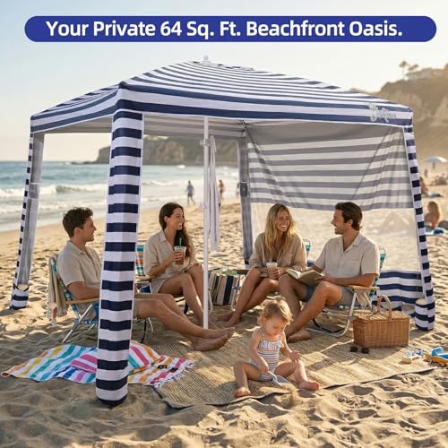 Jihfmo 8x8 Ft Large Beach Cabana Tent, UPF 100+ Windproof Sun Shelter for Family - 64 Sq Ft Big Shade Canopy with Sand Anchors & Cooling Silver Glue Coating, Easy Setup Portable Sunshade - Blue Stripe - color: Blue Stripes