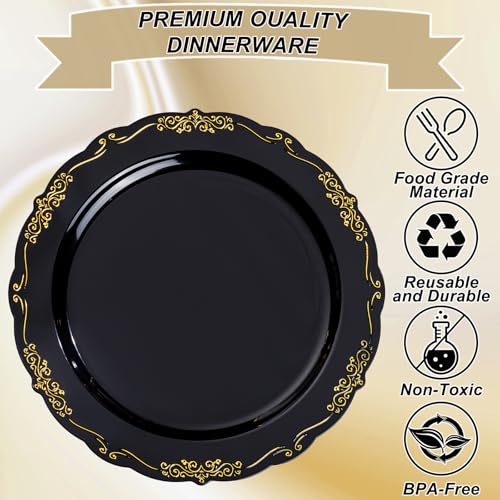 U-QE 100PCS Black and Gold Plastic Plates - Heavy Duty Black Disposable Plates Including 50PCS 10'' Dinner Plates & 50PCS 7.5'' Dessert Plates - Hard Plastic Plates for Party - color: Black/Gold