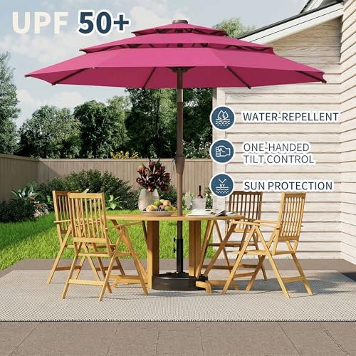 10FT Patio Umbrella 3 Tiers Outdoor Market Umbrella w/Push Button Tilt, Crank, UV and Waterproof Table Umbrella for Garden, Pool, Backyard, Deck, Lawn, Rose Pink - color: Rose Pink
