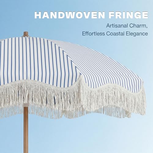 7ft Patio Umbrella with Fringe, Boho Beach Umbrellas, Outdoor Tassels Umbrellas with Push Button Tilt & Carrying Bag, 8 Windproof Fiberglass Ribs, UPF50+ - color: Blue & White Stripe