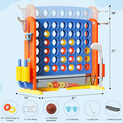 Wdmiya Giant 4 Outdoor Game Set, 4-in-1 Height Adjustable Jumbo 4-in-a-Row Game with Ring Toss, Basketball Hoop & Golf, Backyard Games for Kids & Adults, Includes Mesh Pocket (Upgrade Blue) - color: Upgrade Blue