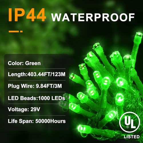 KNONEW 403ft 1000 LED Christmas String Lights Outdoor 8 Modes & Timer Fairy Light Plug in Waterproof LED Wedding Lights for Xmas Yard Tree Party Holiday Decor (Green) - color: Green, size: 403FT 1000 LED