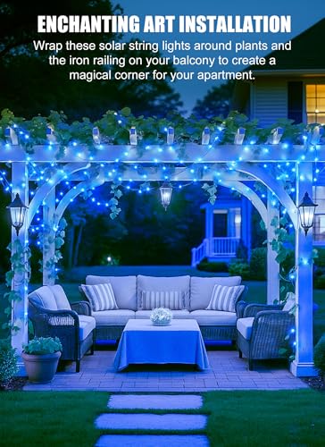 Minetom Solar String Lights for Outside, 33Ft 100 LED Outdoor Solar Fairy Lights, 8 Modes Balcony Lights for Tree Patio Christmas Party Decor (Blue and White) - color: Blue and White, size: 1 Pack