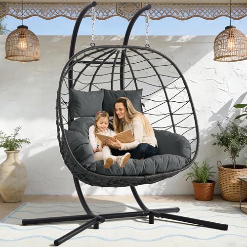 Double Outdoor Hanging Egg Chair with Stand & Oversized Cushion, 700LBS Capacity Heavy-Duty Patio Swing Hammock Chair, Thickened Metal Frame for Garden, Balcony, Bedroom (Gray, Grand) - color: Grey, size: Grand