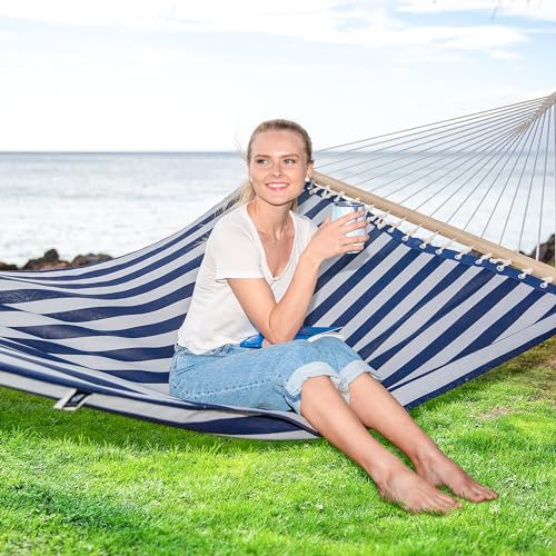 SUNCREAT Hammocks 15 FT Quick Dry Hammock Double Size with Hardwood Spreader Bar, 2 Person Hammock for Outdoor Patio Yard Poolside, 450 lbs Capacity, Blue - color: Blue, size: 78.7 x 55.1 in, Hammock Only