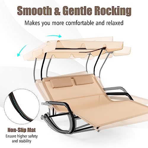 Tangkula 2 Person Lounge Chair with Adjustable Canopy, Outdoor Chaise Lounge with 2 Detachable Pillows and Wheels, Extra Large Double Patio Hammock Bed Swing for Backyard, Poolside