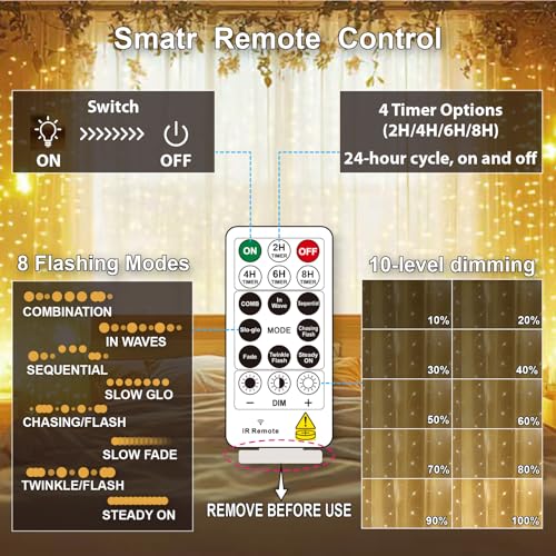 HXWEIYE 300LED Fairy Curtain Lights, 9.8x9.8Ft USB Plug-in 8 Modes Christmas String Hanging Lights with Remote for Bedroom Backdrop Wedding Indoor Wall Decor, Warm White, Standard – 2 Pack - color: Warm White, size: Standard – 2 Pack