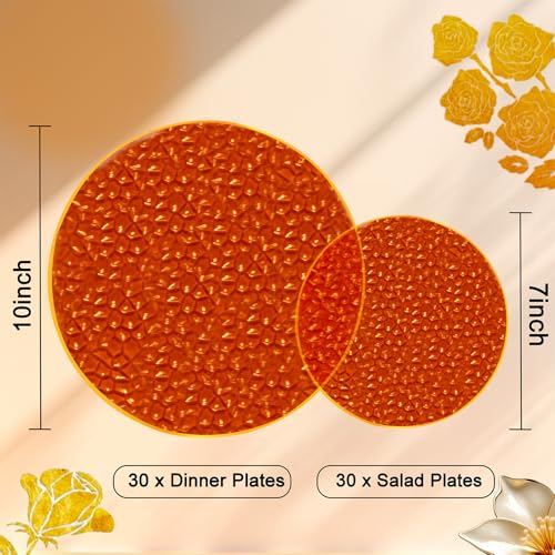 Rubtlamp 60Pcs Amber Plastic Plates - Brown Disposable Plates With Gold Rim, Clear Heavy-duty Party Plates, Hammered Plates Include 30 Dessert Platos, 30 Dinner Platos for Party - color: Clear Amber Gold