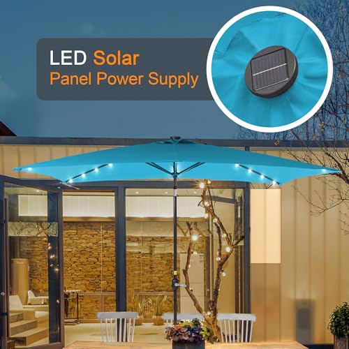 Rectangle Patio Umbrella with Solar Lights, 10 x 6.5ft Rectangular Outdoor Umbrella Table Market Patio Umbrella with Push Button Tilt and Crank for Garden, Deck, Backyard, Pool - color: Turquoise