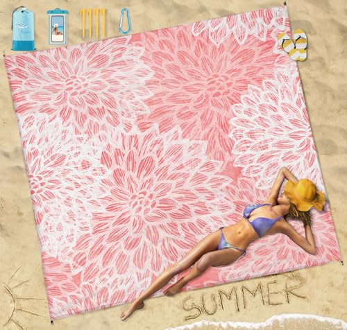 Famstar Beach Blanket Sandproof Waterproof 78''×81''1-5 Adults Oversized,Compact Lightweight Durable Beach Mat for Travel Camping Hiking Picnic Blanket - color: Pink Flower1, size: 78''×81''