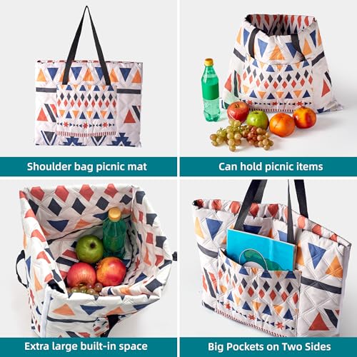 Outdoor Packable Picnic Blanket with Zipper Folds into Tote Bag with Large Storage and Shoulder Strap, Waterproof Sandproof for Lawn Beach Hiking Camping (colorful2, Small) - color: Colorful2, size: Small
