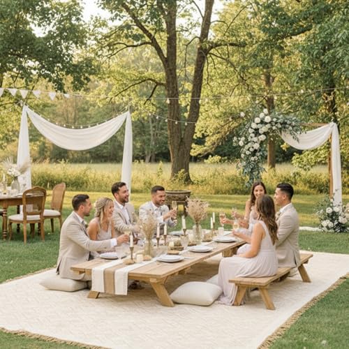 Beeveer Extra Large Outdoor Boho Picnic Blanket 118'' x 71'' Beige White Table Runner 6 Throw Pillow Cover Woven Cotton Yarn Oversize Beach Blanket Washable for Picnic Camp Wedding - color: Beige White, size: Fit 8-10 People 118'' X 71''
