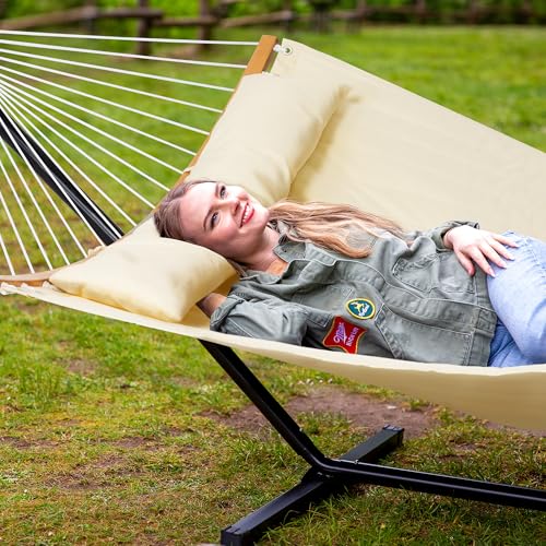 SUNCREAT Hammocks for Outside with Stand Included, Double Hammock with Curved Spreader Bar, Carrying Bag, Beige - color: Beige