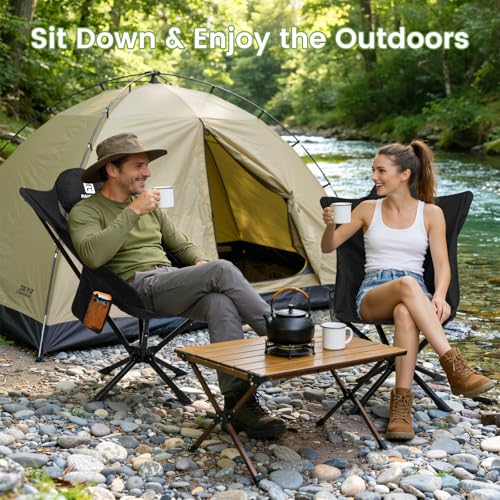 Raynesys 360° Rotation Camping Chair, Compact Hiking Chair with Cup Holder & Storage Pocket, Portable Folding Chairs for Outdoor Activities, High Back Comfort for Long Sitting, 1 Pack Black