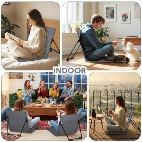 Jetec Foldable Floor Backrest Chair Portable Camping Chair with Storage Bag Light Weight Lazy Seat for Indoor Outdoor Bed Ground Park Lawn Concerts Beach Hiking - color: Grey, size: X-Large