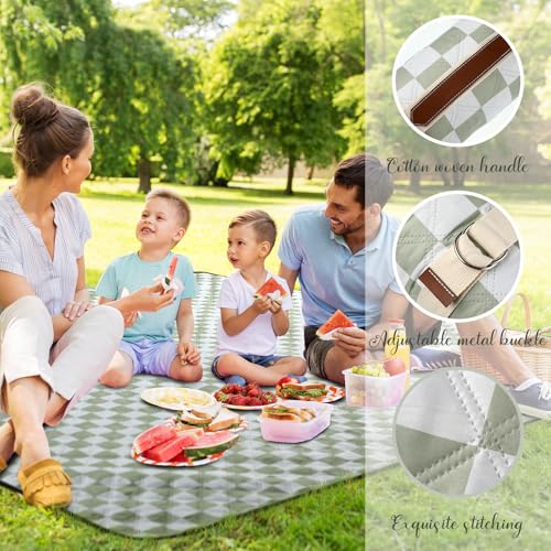 Nuanchu Checkered Picnic Blanket Extra Large Outdoor Blanket Sandproof 80"x80" Waterproof Portable Machine Washable 3 Layer Thick Gingham Picnic Mat for Beach Camping Park Grass Travel(Grass Green) - color: Grass Green