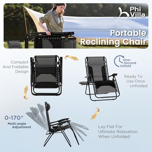 PHI VILLA Zero Gravity Chair Set of 2, Padded Anti Gravity Recliner, Oversized 28" Wide Seat, Foldable Patio Lounger with Armrest & Cup Holder, Supports 400 LBS (Grey) - color: Grey