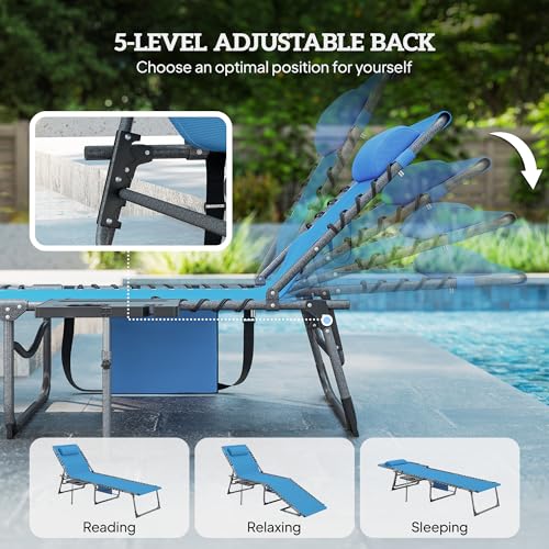 Outsunny Folding Chaise Lounge Chair Outdoor Tanning Chair with Side Table, 5-Level Adjustable Beach Lounge Chair with Headrest, Side Pocket for Patio, Backyard, Beach, Poolside, Blue - color: Blue
