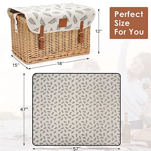 WILLOW WEAVE Picnic Basket with Table, Wine Picnic Basket Set 4, Wicker Picnic Basket for 4, Willow Hamper Service Gift Set with Blanket & Portable Wine Snack Table for Camping and Outdoor Party - size: L for 4P-Leaf