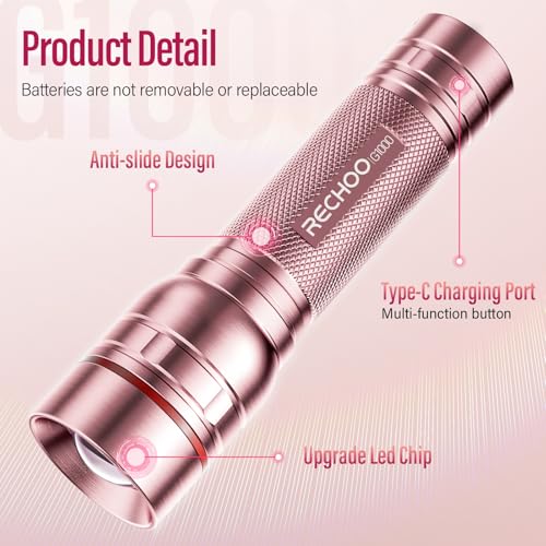 Rechargeable Flashlights High Lumens, G1000 Super Bright Flash Light 2 Pack, Small Zoomable LED Flashlight with 3 Lighting Modes, Portable Flashlights for Camping Essentials, Gift for Women (Pink) - color: Rose Pink, size: 2 Pack